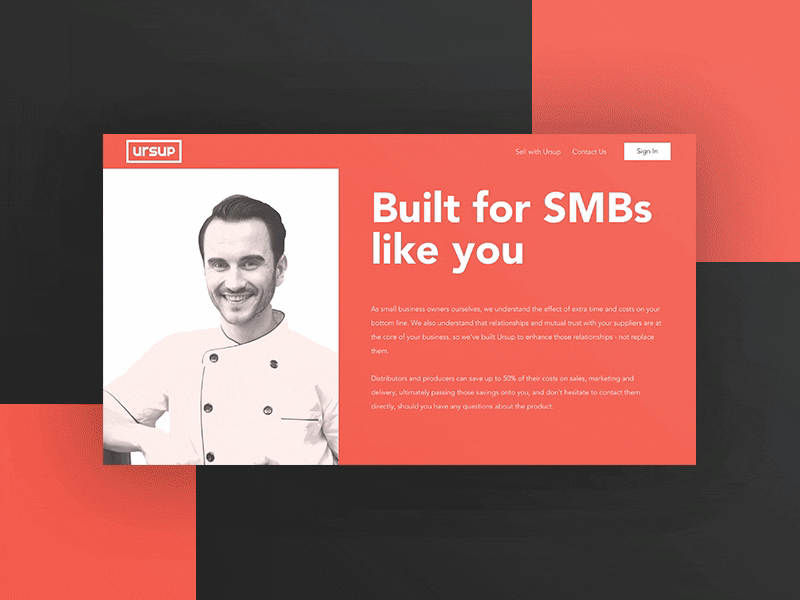 Landing page for Ursup animation clean interaction interface red and white ui ux white