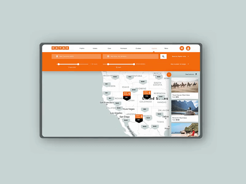 Kayak in a parallel universe animation app bright clean coloful design grey interaction interface map orange ui ux white