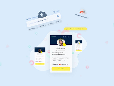 Yoss job description search blue bright freelance illustraion job board playful product product showcase ui ux uxui yellow