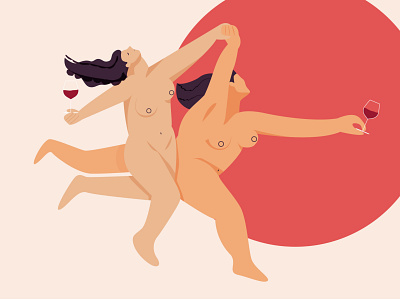 Two women running (on the beach) design flat illustration naked wine women