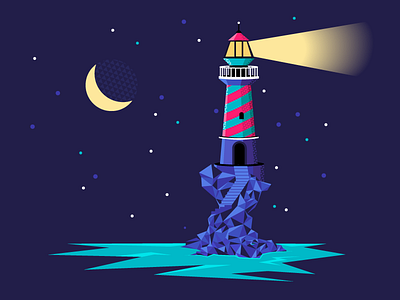 Frosty Lighthouse bright illustration night ocean sea sky vector