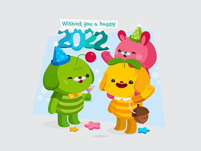 Happy New Year 2022 animal character design critter cute illustration kawaii new year 2022 vector