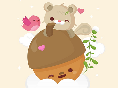 Acorns Are Love acorn animal bird clouds cute illustration kawaii squirrel