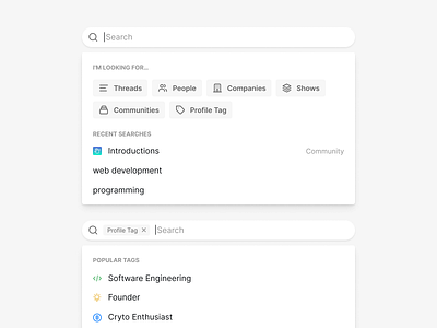 Search UI for Showwcase explore find form minimal search social web app