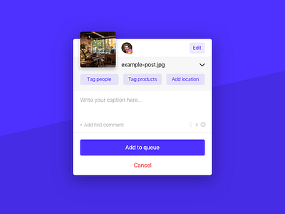 Upload Modal alert clean form instagram minimal modal modal window popup popup window purple social media ui upload ux white