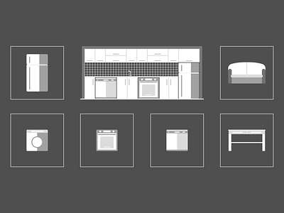 Icons: Furnitures couch design dishwasher drawing fridge furniture icon icondesign illustration interior kitchen oven sketch sketchapp table ui washing machine