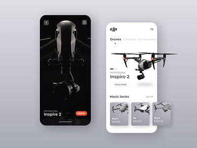 DJI Drone Store App animation app black dark design dji drone inspire ios iphone mavic micro mobile product shop store ui ux