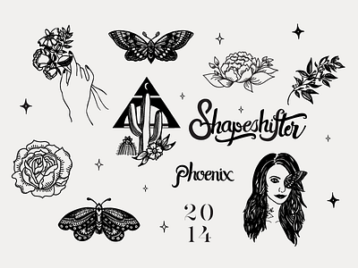 Branding Collateral: Flash Sheet brand identity branding desert florals flowers hand lettering handdrawn identity illustration lettering moth photographer logo script script lettering tattoo art tattoo flash