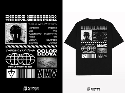 Color Decay band band merch barcode globe japan katakana maximalism merch merch design merchandise metal metalcore street wear the devil wears prada tshirt design