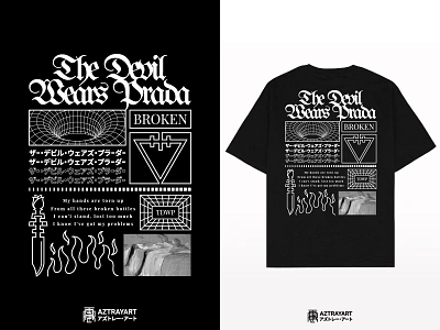 Broken band band merch dagger fire flame flower grid style japan katakana knife merch merch design merchandise metalcore rose street wear the devil wears prada torus tshirt design wireframe