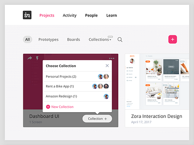 Invision Redesign with Collections Feature Concept