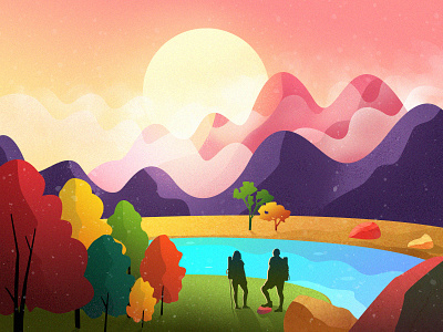 Illustrations beautiful color hike illustration landscape lovers morning mountain sun travel tree