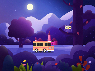 Under the moonlight bird car clean color illustration landscape moonlight quiet travel tree