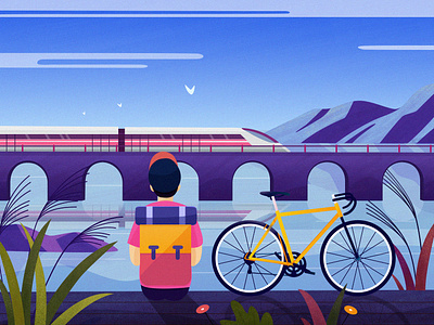 Cycling scenery bridge color cycling flower illustration landscape mountain train travel tree