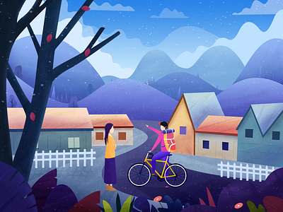Cycling trip color cycling flower house illustration landscape mountain snow travel tree