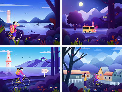 My Top4 bicycle clean color flower illustration landscape mountain top 4 travel tree