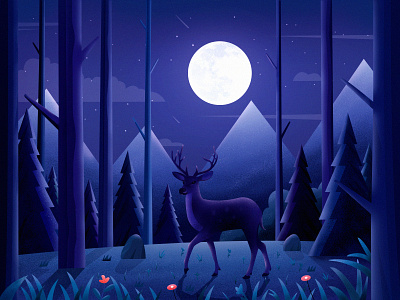 Elk in moonlight elk flower illustration landscape moon mountain nature night travel tree