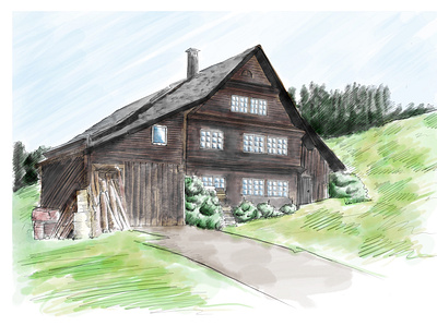 Old Swiss farmhouse barn cute digital farmer home house illustration landscape landscapes peaceful swiss watercolor