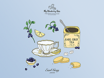 Earl Grey tea illustration biscuits black tea blueberries blueberry cake drawing earl grey illustration ink inking tea tea cup tea time