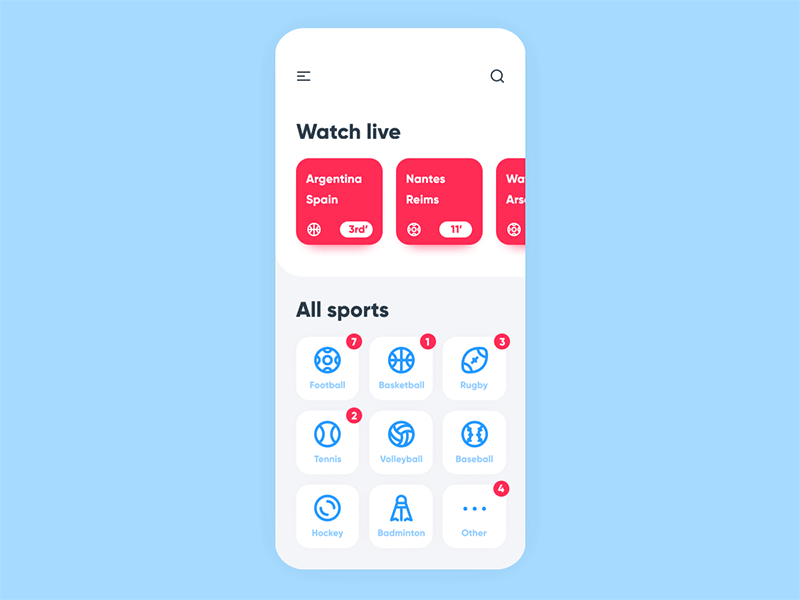 Sport Streaming App after effects animation app badminton baseball basketball design figma football hockey iphone motion design rugby sport streaming tennis ui ux volleyball