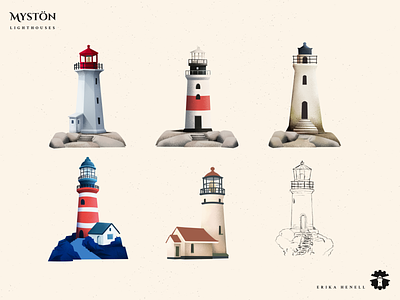 Mystön - Lighthouses 2d art archipelago architecture art design game game art game assets illustration lighthouse lighthouses myst