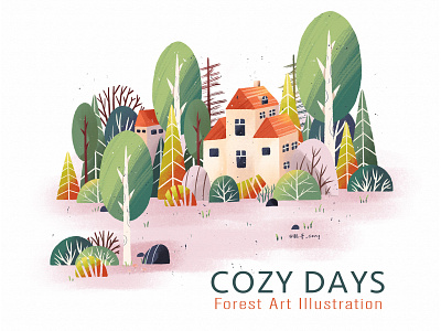 Landscape illustration of forest green plants 07 house illustration 户外 房子 房屋 插图 插画 森林 风景