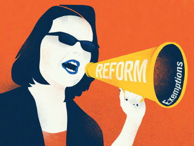 Reform with Exemptions blue megaphone orange texture vector