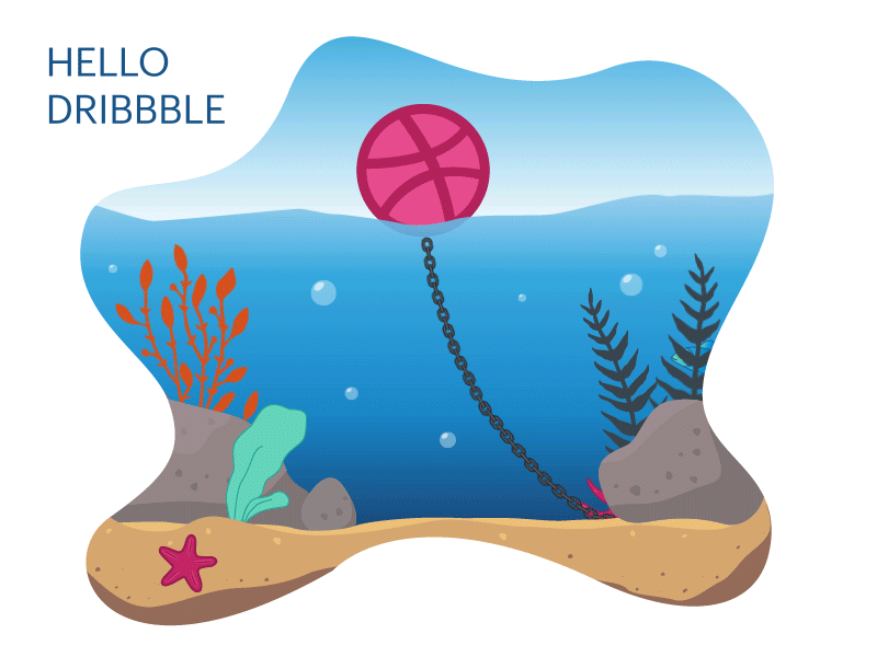 Hello Dribbble ! after effect animation ball balloon first shot fish hello dribbble ocean octopus seaweed undersea underwater