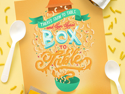 Farm to Table vs Box to Table food food lettering food type hand lettering illustration lettering letters mac n cheese macaroni procreate script teal typography yellow