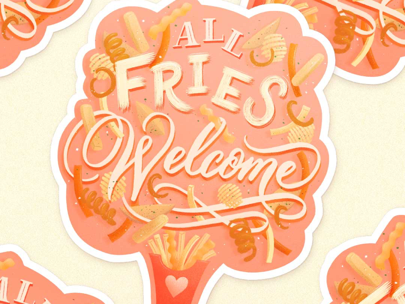 All Fries Welcome Sticker illustration coral food illustration food lettering hand lettering lettering fries sticker potato