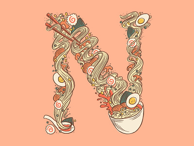 N for Noodle egg food food illustration food lettering food type hand lettering lettering monogram noodle noodles noods procreate ramen typography