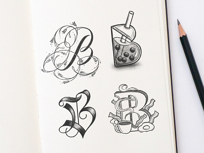 Four Letter B's alphabet blackletter bubble tea food food lettering food type hand lettering lettering letters monogram monogram design monogram letter mark monogram logo monograms script typography