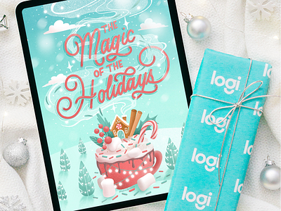 The magic of the holidays for Logitech blue christmas flat lay food lettering gingerbread house hand lettering hot chocolate lettering ornaments photography present snow