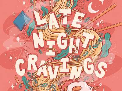 Late Night Ramen Cravings (closeup) food food lettering food type hand lettering illustration lettering line work noodles procreate ramen red typography