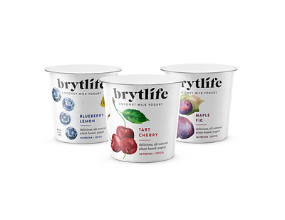 Brytlife Yogurt Packaging Design branding food fruit illustration label logo packaging packaging design vegan vegan food vegan yogurt veganism watercolor yogurt