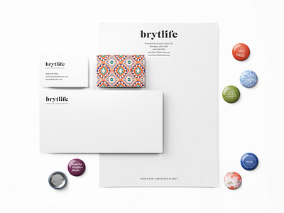 Brytlife Business Stationery Suite bold businesscard button color colorful food illustration label letterhead logo minimal pattern playful stationery vegan vegan food vegan yogurt watercolor