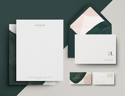 Stationery for 44th & Luxe abstract brand assets brand identity business card elegant emerald feminine gold foil illustration letterhead logo notecard stationery watercolor wedding