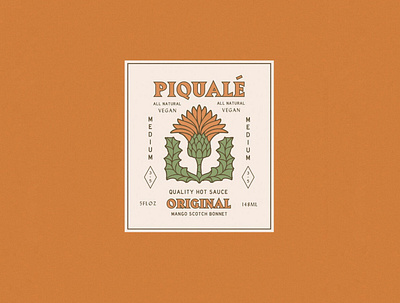 Piqualé Hot Sauce Logo art artwork brand identity distressed faded hot sauce illustration label logo mexico orange packagedesign packaging rust rustic southwest thistle typography vintage