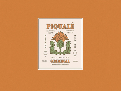 Piqualé Hot Sauce Logo art artwork brand identity distressed faded hot sauce illustration label logo mexico orange packagedesign packaging rust rustic southwest thistle typography vintage
