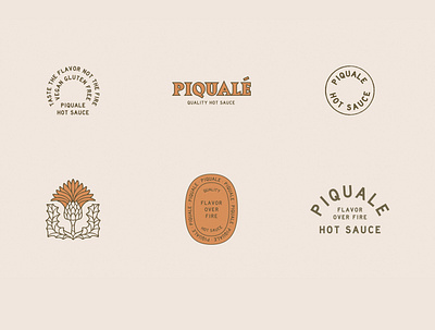 Brand Assets for Piqualé Hot Sauce brand assets brand identity branding branding design food hot sauce illustration logo mexican orange packagedesign packaging rust rustic southwest stamp thistle typography vector vintage type