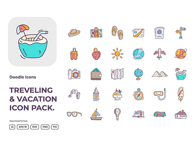 30 travel and vacation concept doodle icon