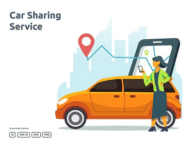 Car sharing or online taxi illustration concept app car online order phone rent rental service smartphone taxi transportation vehicle