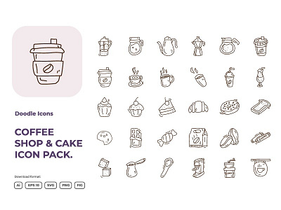 30 Coffee shop and cake concept doodle icon set candle cane croissant donut grape muffin one piece snack strawberry sweet syrup