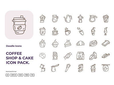 30 Coffee shop and cake concept doodle icon set