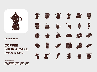 30 Coffee shop and cake concept doodle illustration icon set