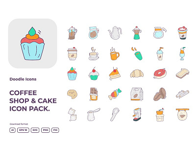 30 Coffee shop and cake concept doodle icon set