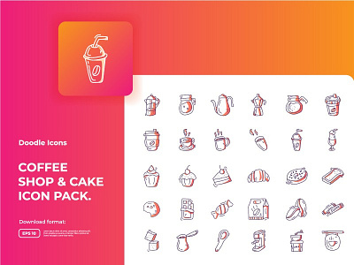 30 Coffee shop and cake concept doodle icon set