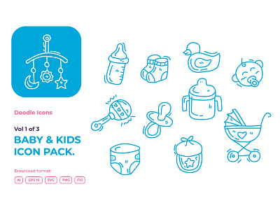 Vol 01 of 03 Set of hand drawn doodle baby and kids care  icons