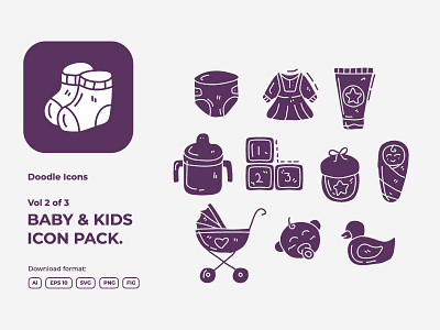 Vol 2 of 3 Set of hand drawn doodle baby and kids care icons