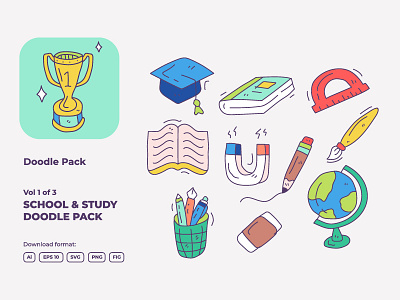 hand drawn doodle school and study icon illustration set 1-3